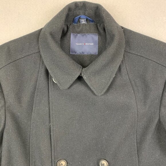 Tommy Hilfiger Mens Double Breasted Pea Coat 38S Medium Black Wool Jacket - Picture 2 of 10